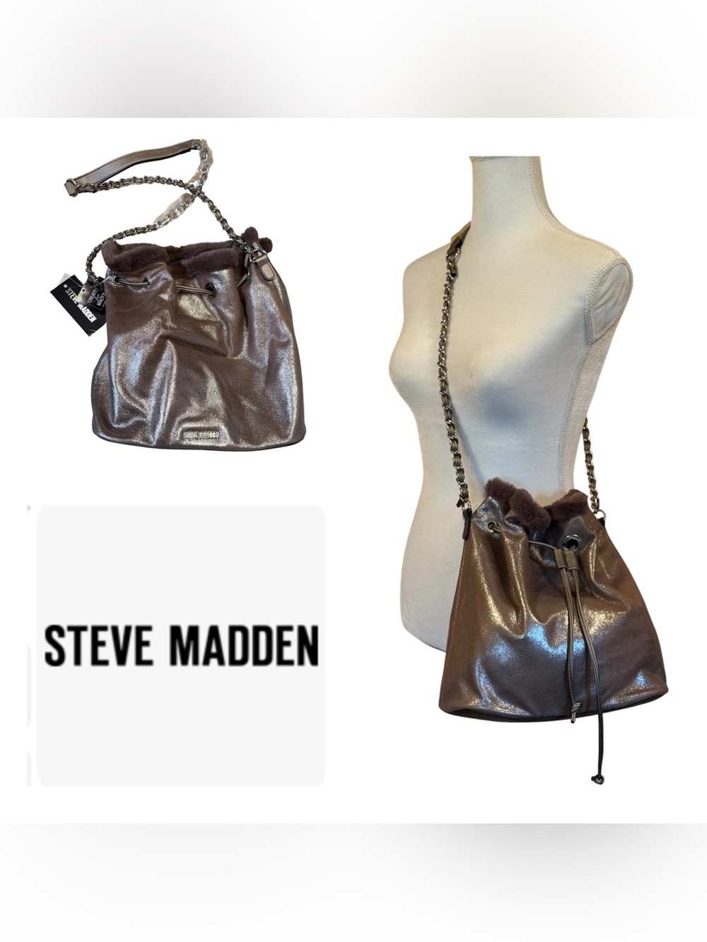 NWT $98 Steve Madden Crossbody shoulder bag metallic fur lined Bronze silver
